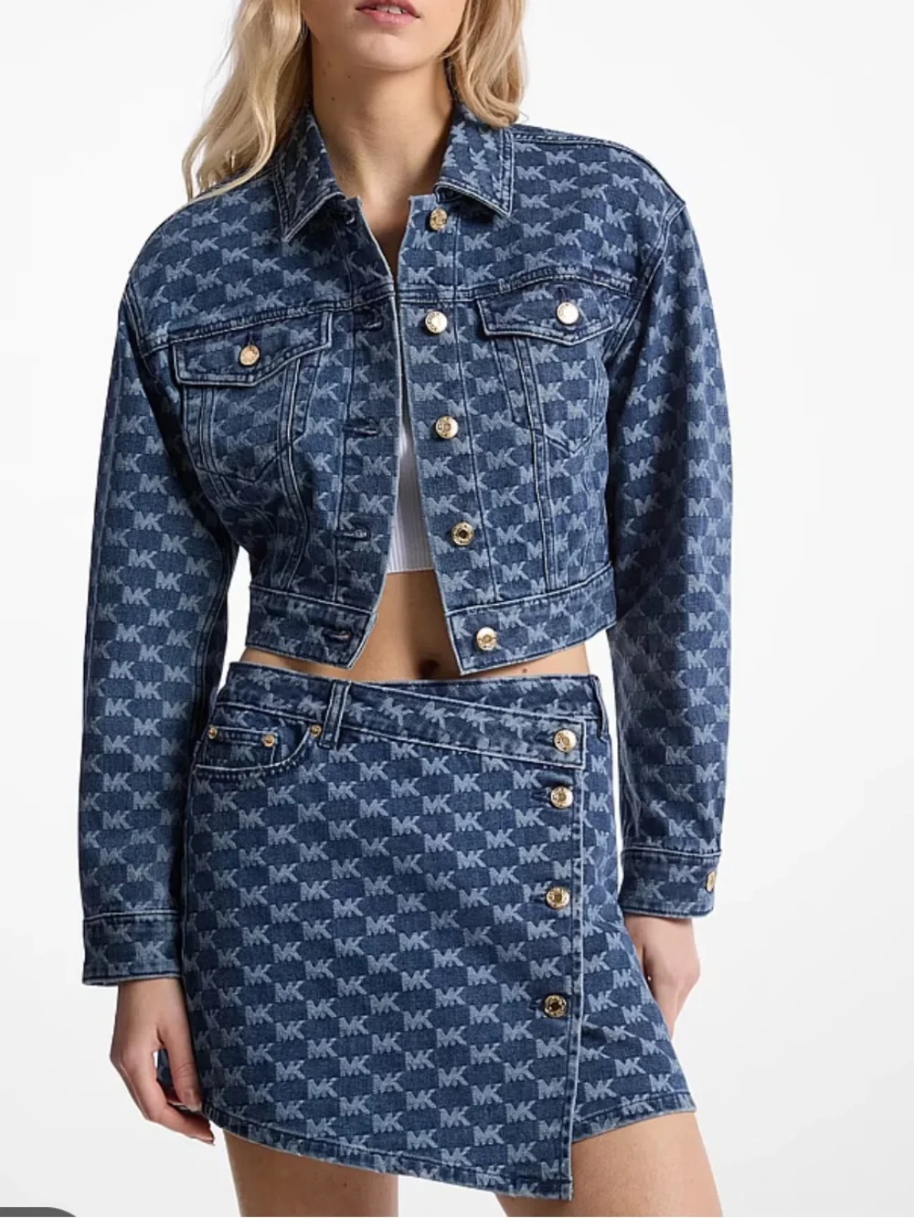 Michael Kors Logo Jacquard Denim Wrap Skirt 14 NWT